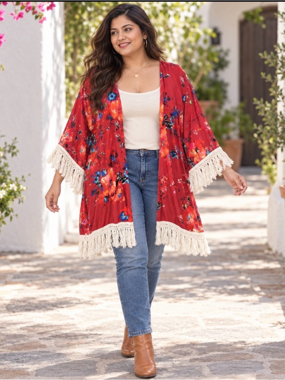 Umgee Red Floral Fringe Kimono
